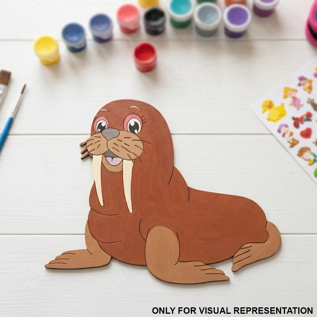   MDF DIY Cartoon walrus cutout with paint containers and a paintbrush on a white surface