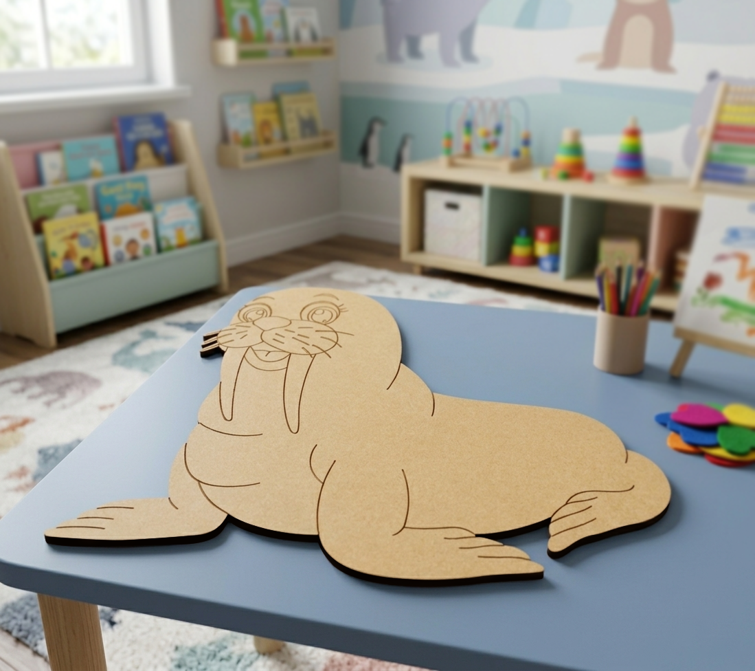   MDF DIY walrus puzzle on a blue table in a child's playroom with books and toys in the background.