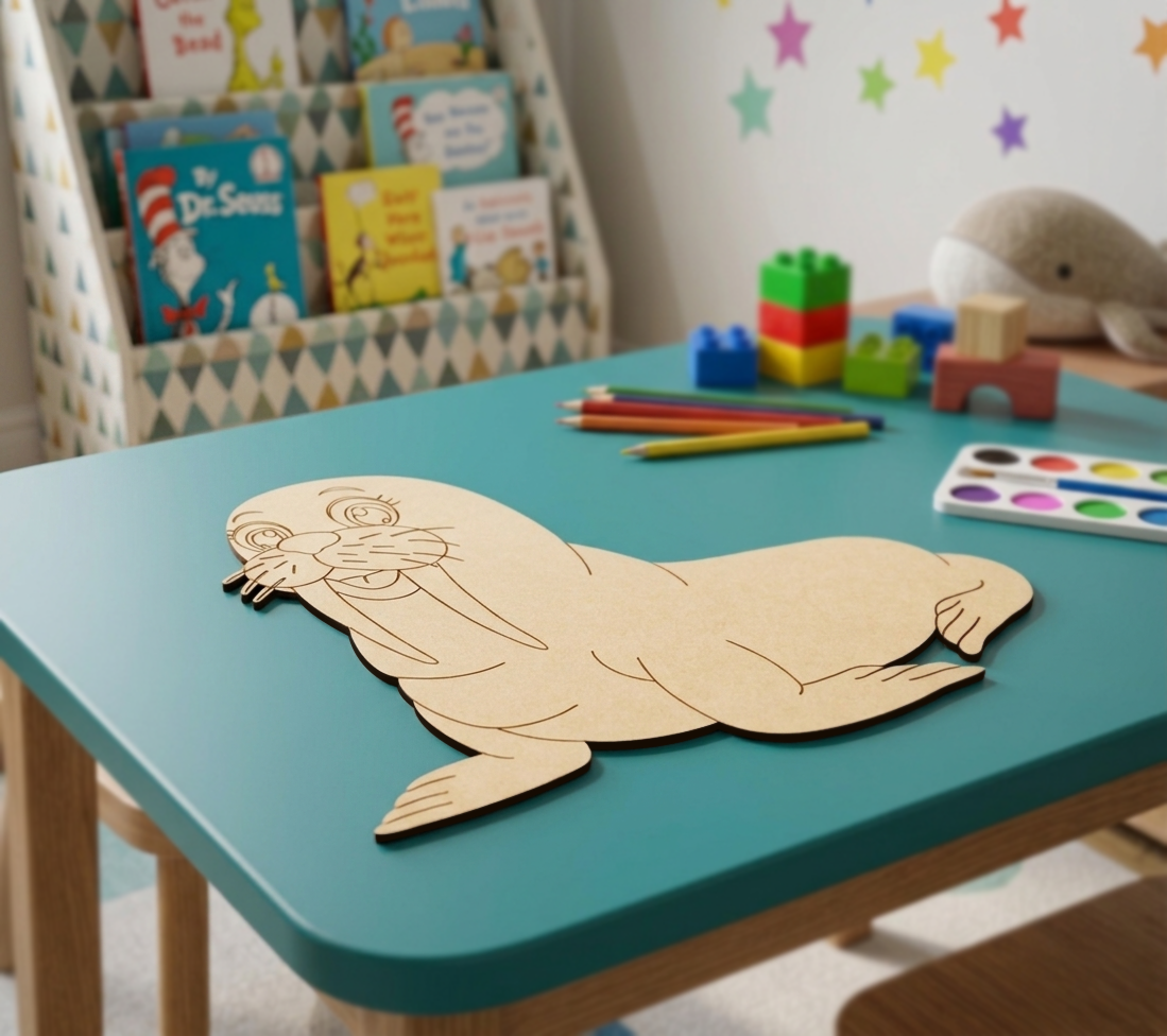 MDF DIY seal puzzle on a teal table with coloring supplies and books in the background