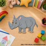 MDF DIY Cartoon rhino cutout on a wooden surface with children's toys and books in the background