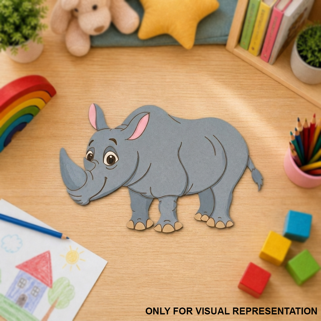 MDF DIY Cartoon rhino cutout on a wooden surface with children's toys and books in the background