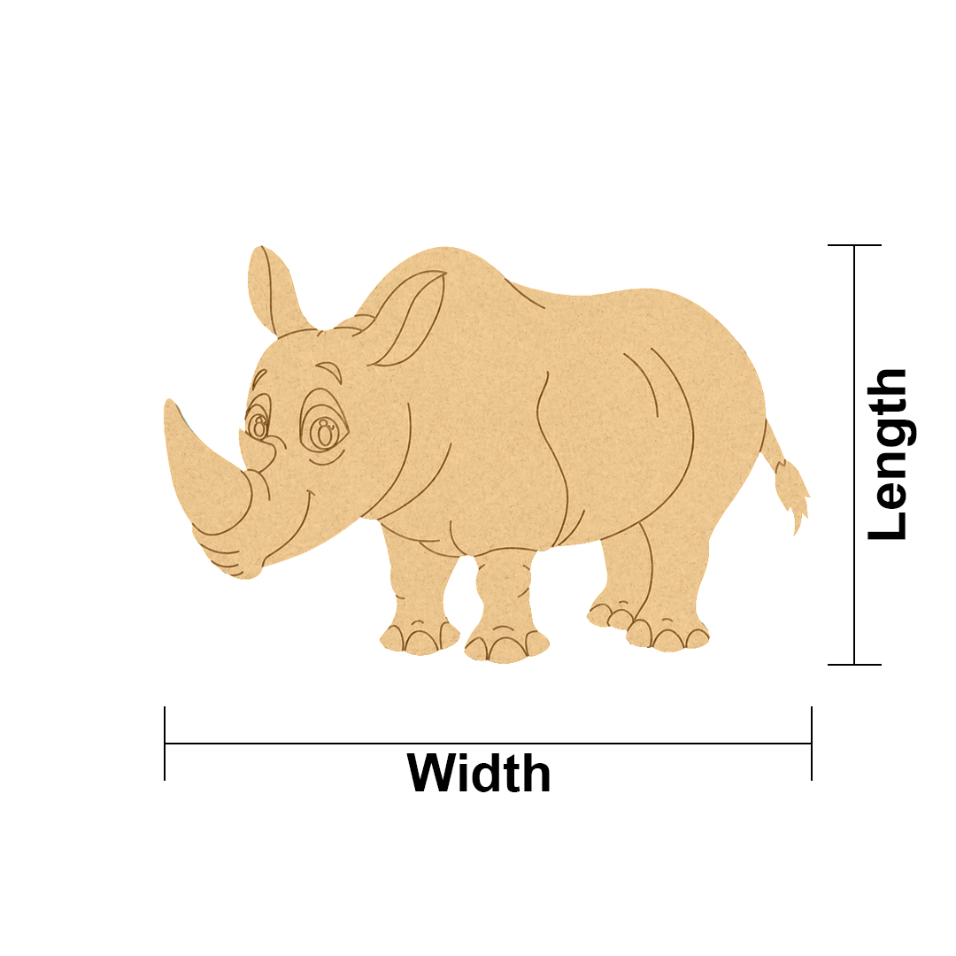 MDF DIY  rhino cutout with measurements on a white background