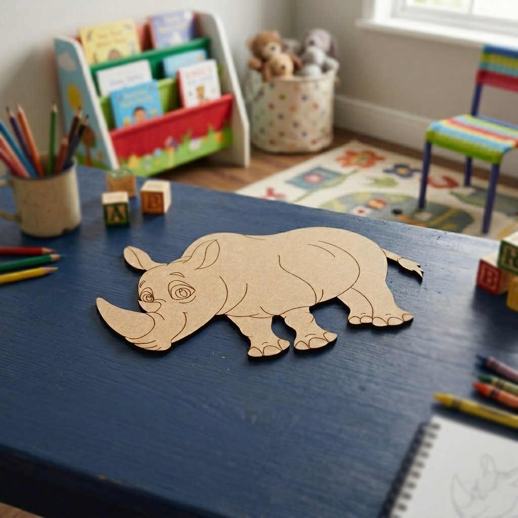 MDF DIY  rhino puzzle on a table with colorful children's toys in the background