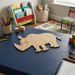 MDF DIY  rhino puzzle on a table with colorful children's toys in the background