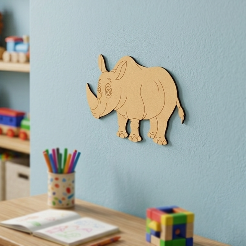 MDF DIY rhino wall decoration on a light blue wall with toys and stationery below.