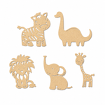 Set of MDF DIY  animal cutouts including a zebra, dinosaur, lion, elephant, and giraffe on a white background.