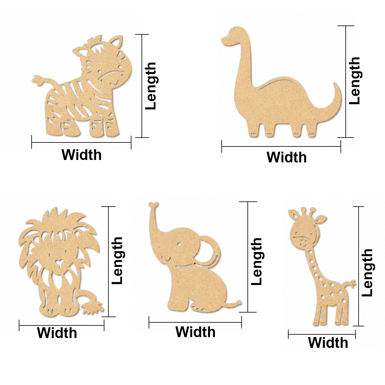 Set of MDF DIY  animal cutouts with measurements labeled for width and length.