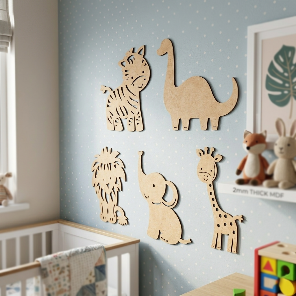MDF DIY  animal cutouts on a wall in a child's room with toys and a crib.