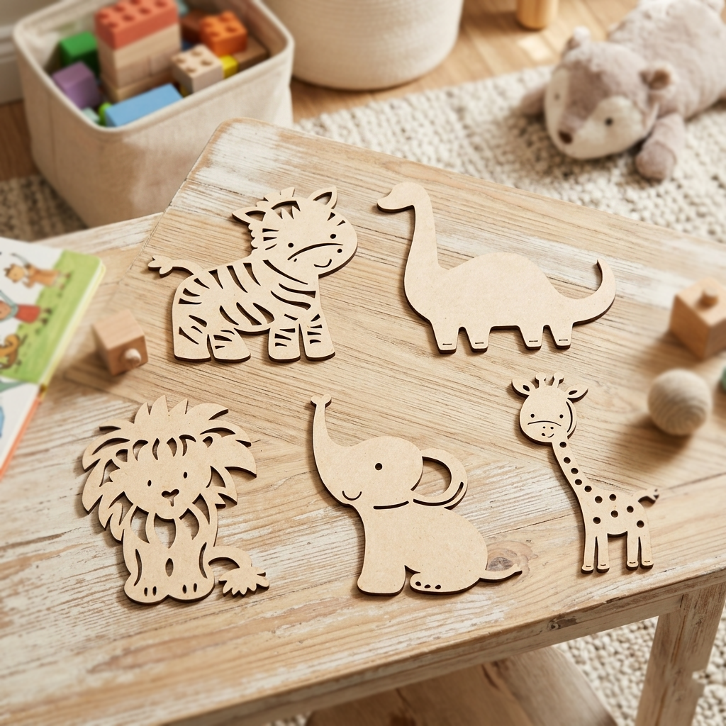 MDF DIY  animal cutouts on a wooden surface with toys in the background