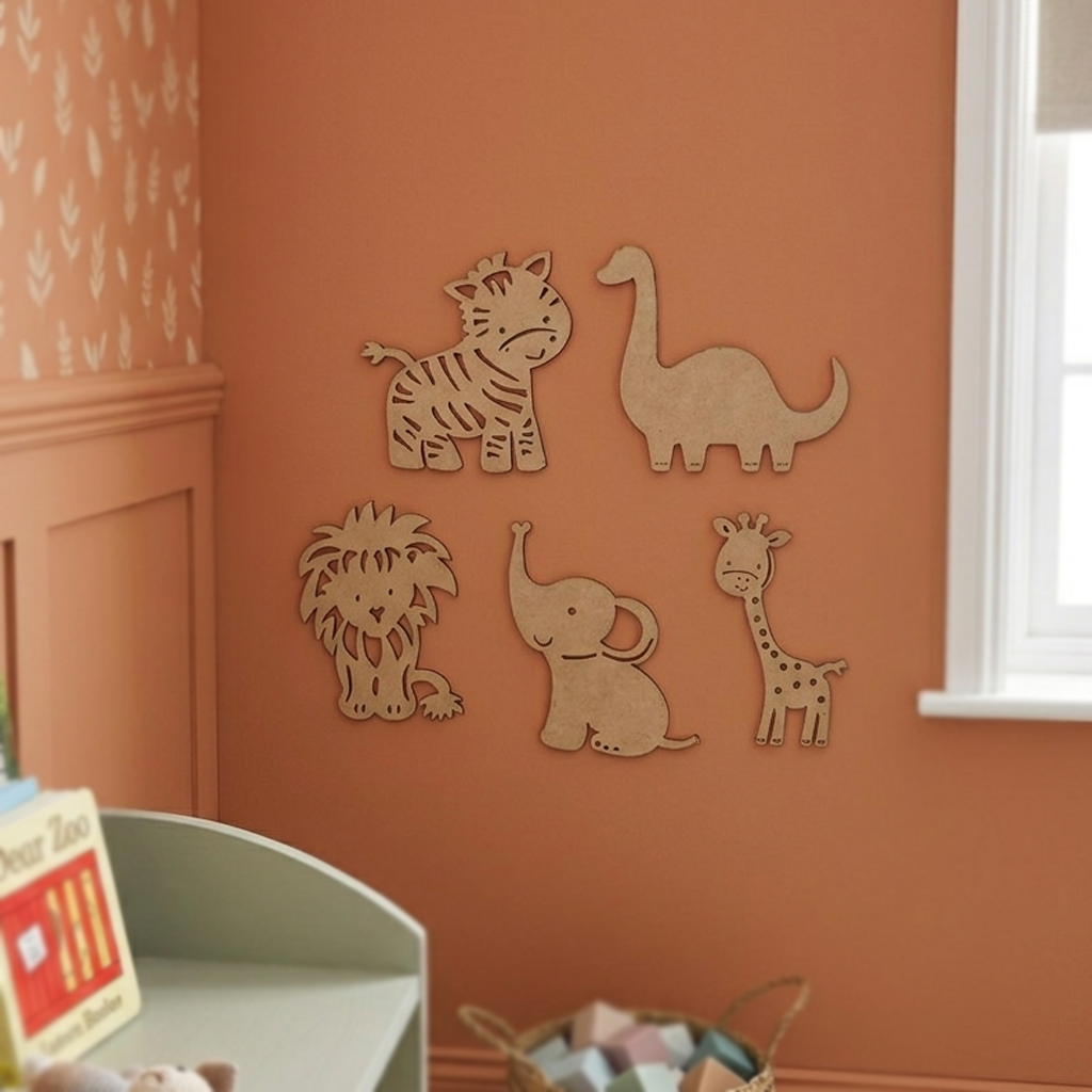 MDF DIY  animal cutouts on a wall in a child's room