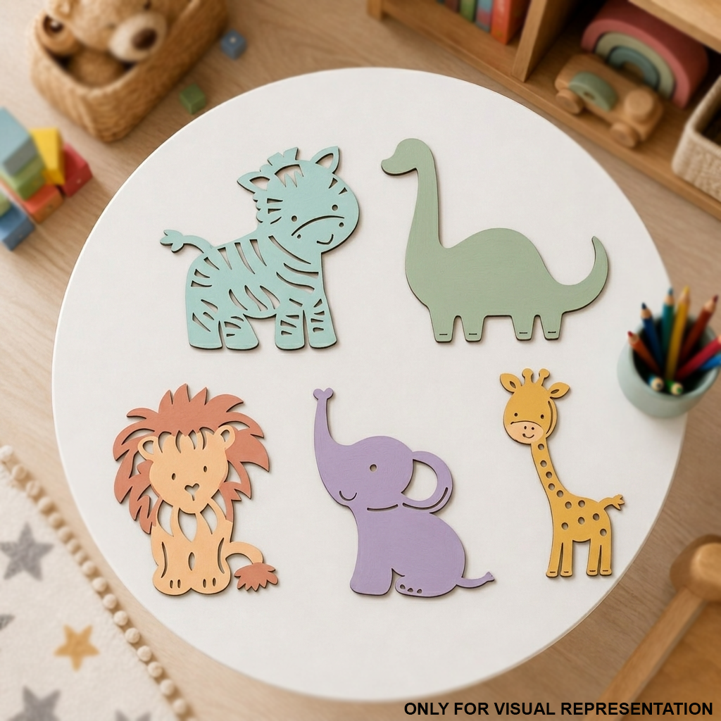 MDF DIY  Colorful animal cutouts on a round white board with toys in the background