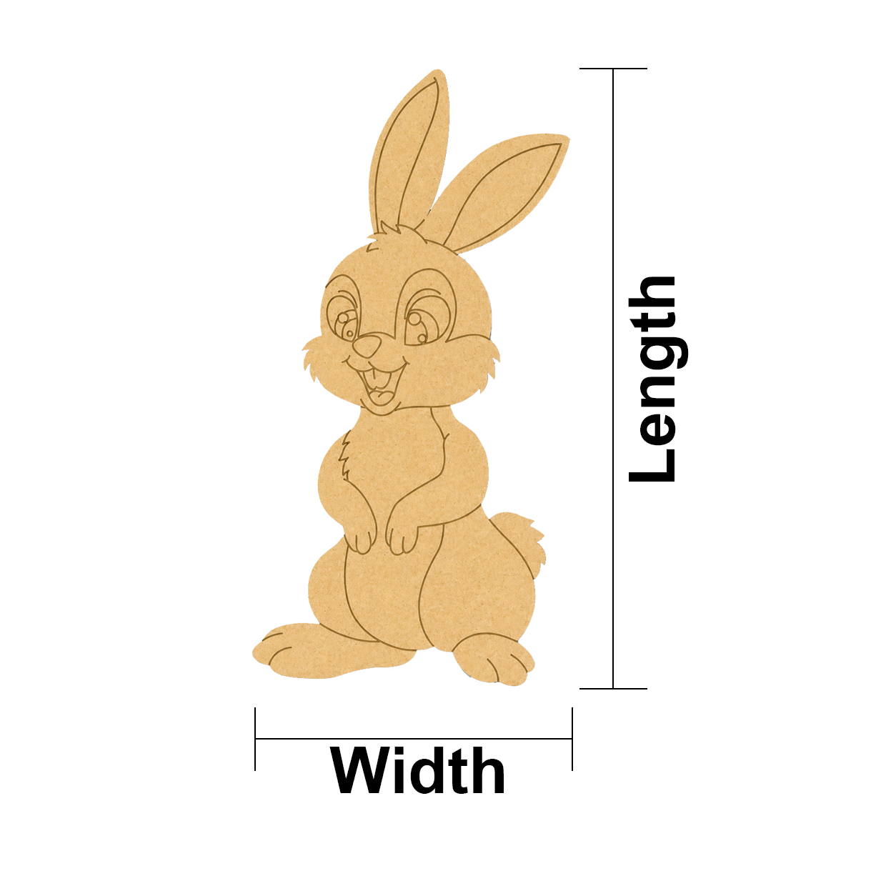 MDF DIY  cutout of a rabbit with measurements labeled on a white background