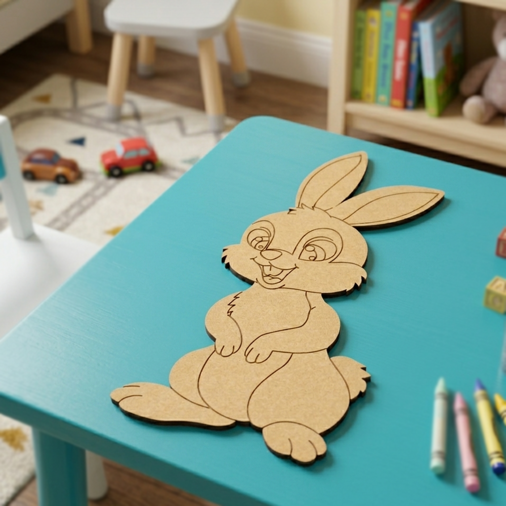 MDF DIY  rabbit cutout on a blue table with crayons and toys in the background