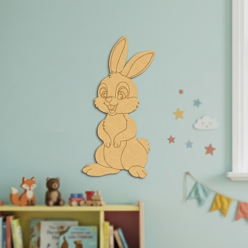 MDF DIY  rabbit wall decoration on a light blue wall with children's toys and books below.