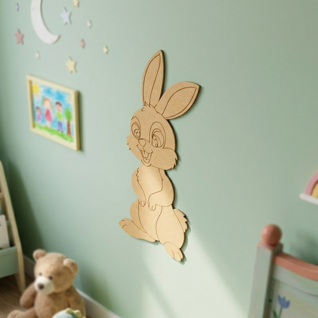 MDF DIY  rabbit wall decoration in a child's room with a teddy bear and colorful decorations.