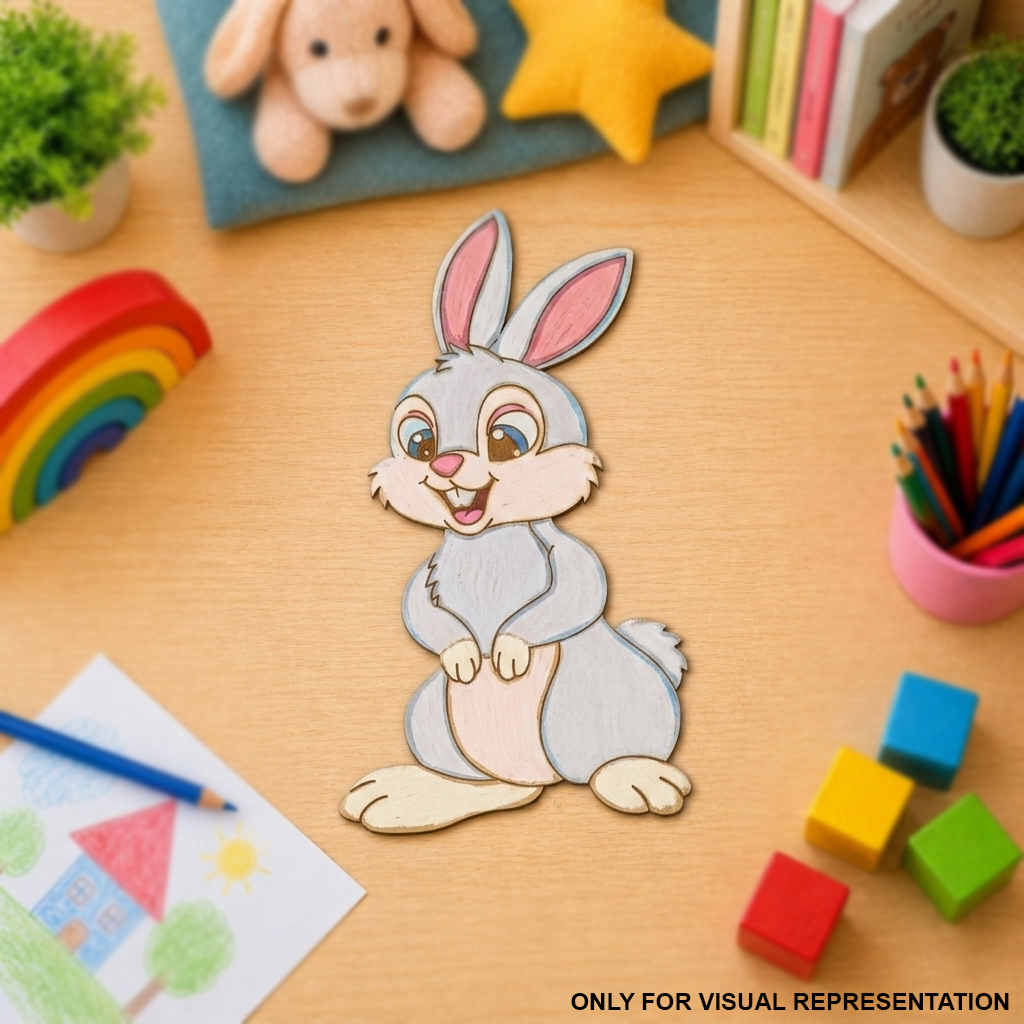 Children's toy rabbit on a wooden surface with colorful blocks and crayons around