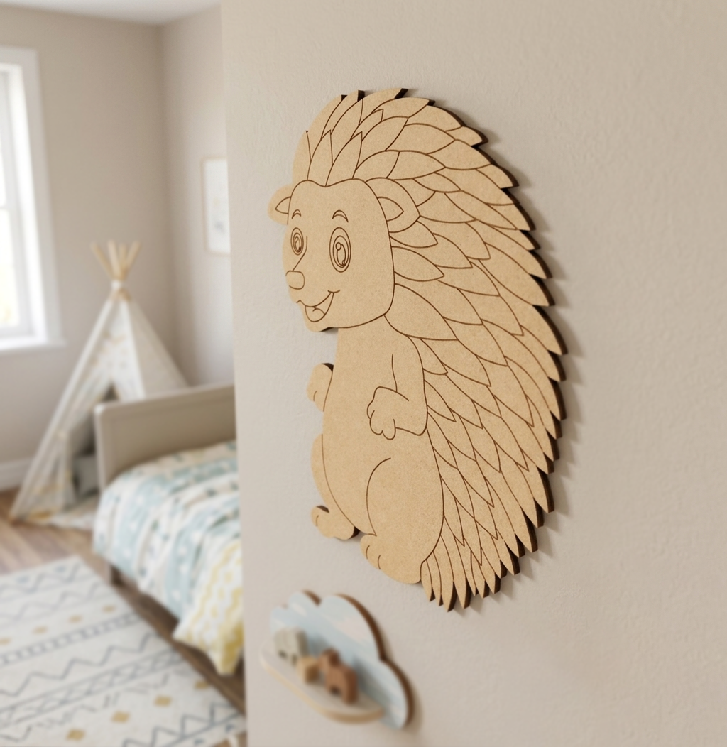 MDF DIY  hedgehog wall decoration in a child's room with a bed and teepee in the background.
