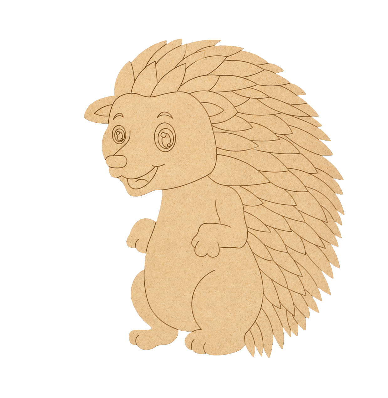 MDF DIY cutout of a cartoon hedgehog on a white background
