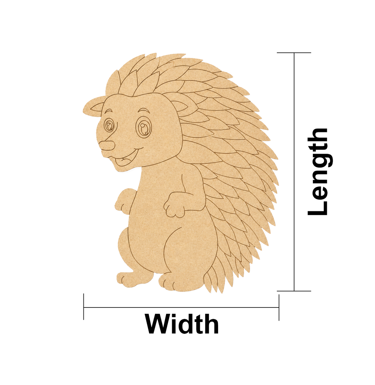 MDF DIY  hedgehog cutout with measurements on a white background