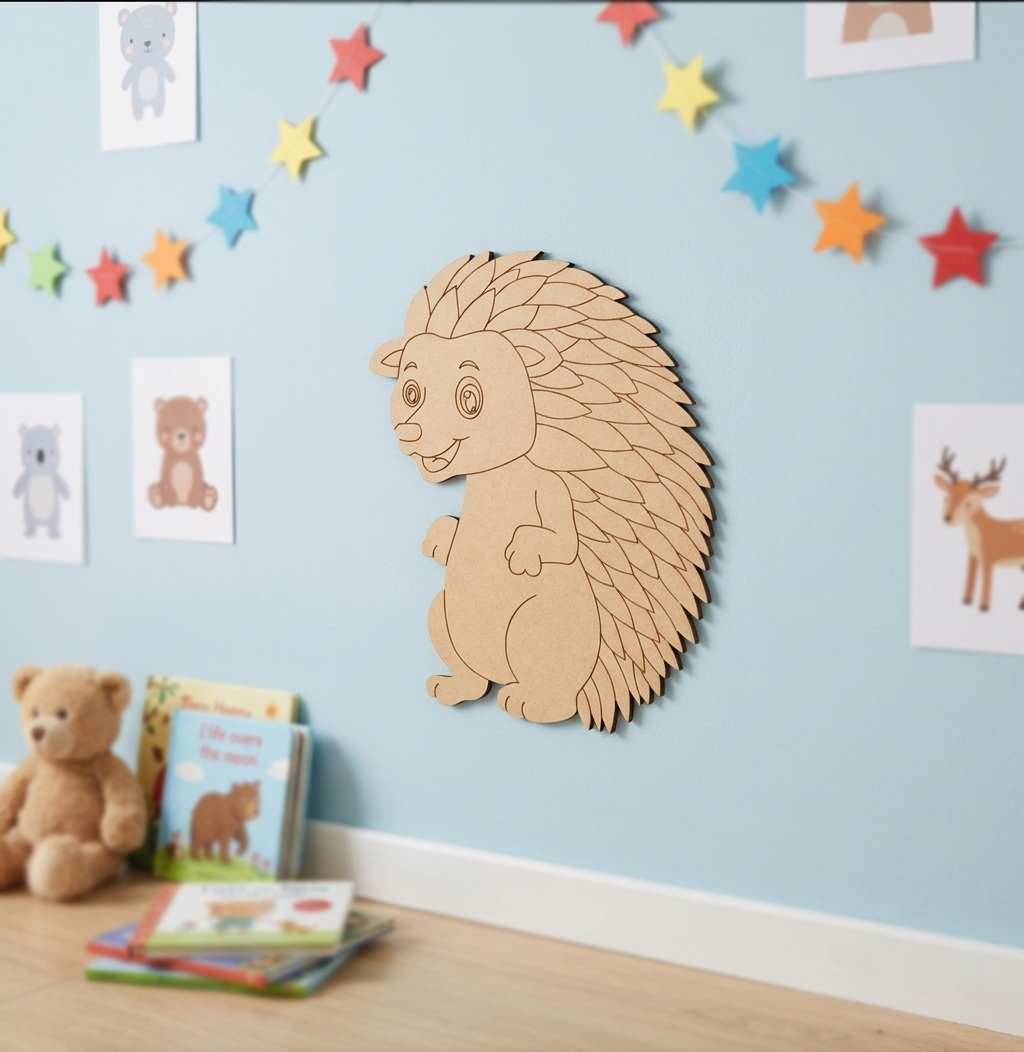 MDF DIY  hedgehog wall decoration in a child's room with books and a teddy bear.