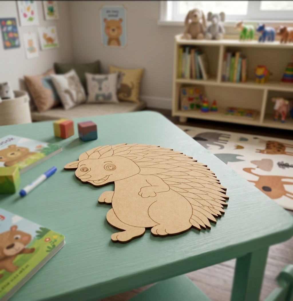 MDF DIY hedgehog puzzle on a green table in a child's playroom with books and toys.