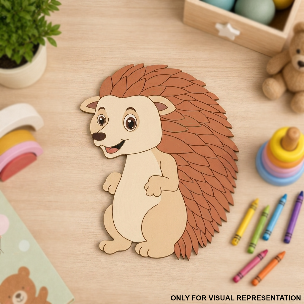 MDF DIY  hedgehog toy on a wooden surface with crayons and toys around