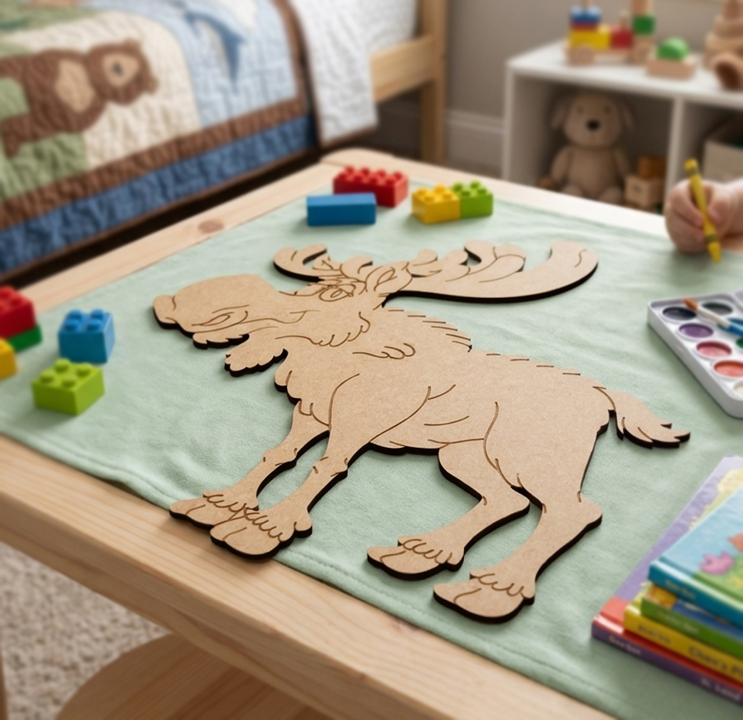 MDF DIY  moose puzzle on a table with toys and books in a child's room