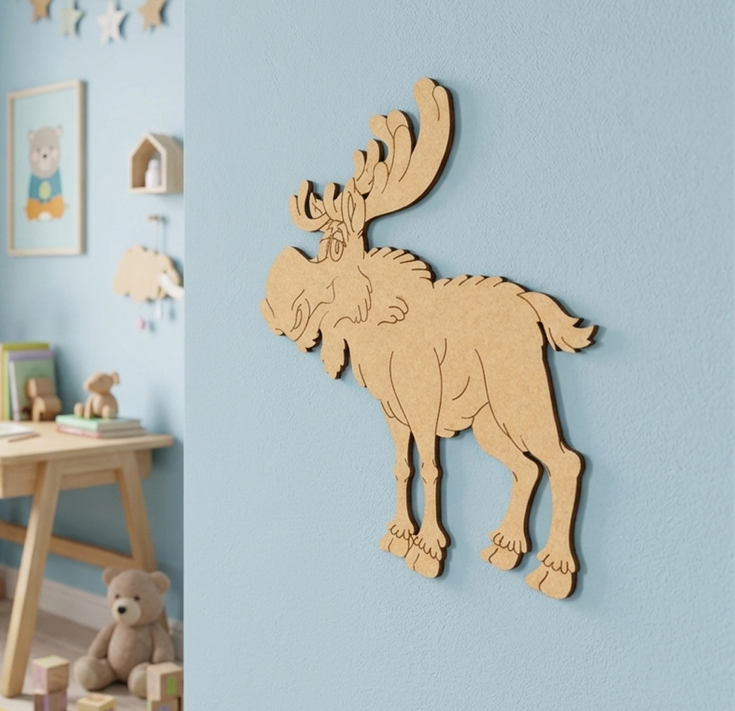 MDF DIY  moose wall decoration on a light blue wall with children's toys in the background.