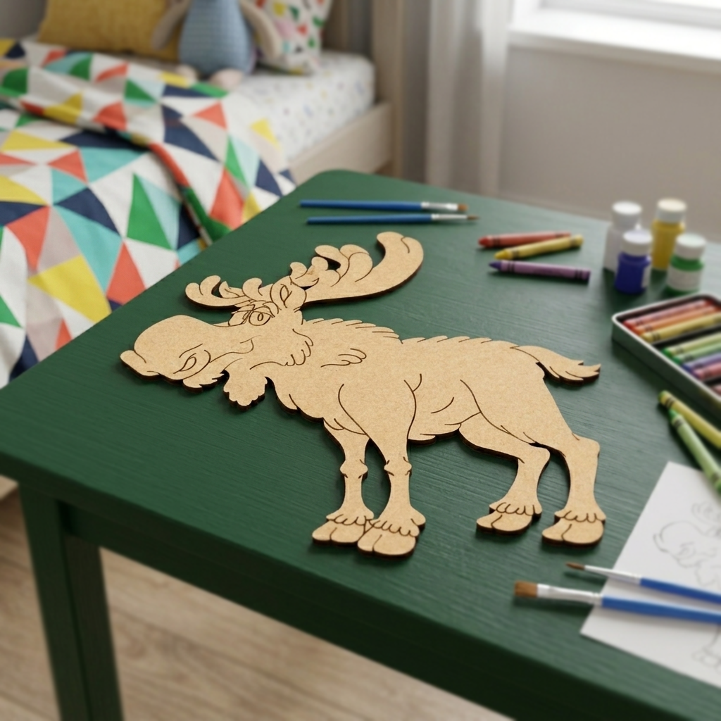 MDF DIY  moose cutout on a green table with art supplies in a room.