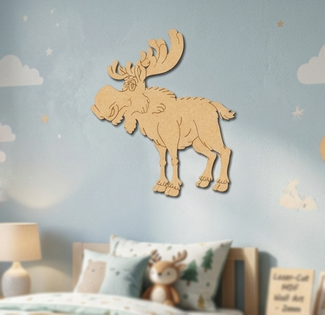 MDF DIY  moose wall decoration on a child's bedroom wall with bedding and lamp in the background.