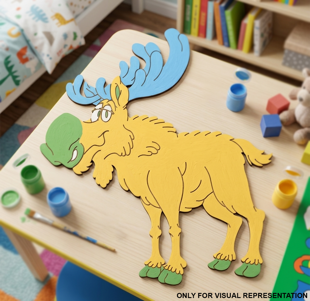 MDF DIY  Children's craft project with a moose-shaped cutout on a table with paint supplies.