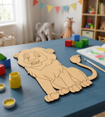 MDF DIY  Children's craft project with lion template on a table in a playroom.