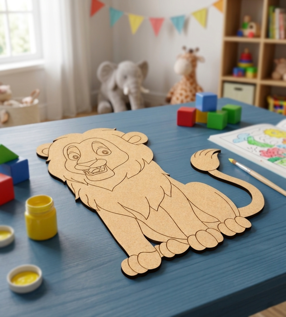 MDF DIY  Children's craft project with lion template on a table in a playroom.