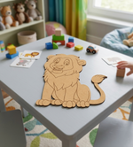 Children's playroom with a MDF DIY  lion puzzle on a table, surrounded by toys and books.