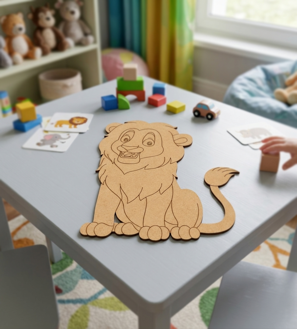 Children's playroom with a MDF DIY  lion puzzle on a table, surrounded by toys and books.