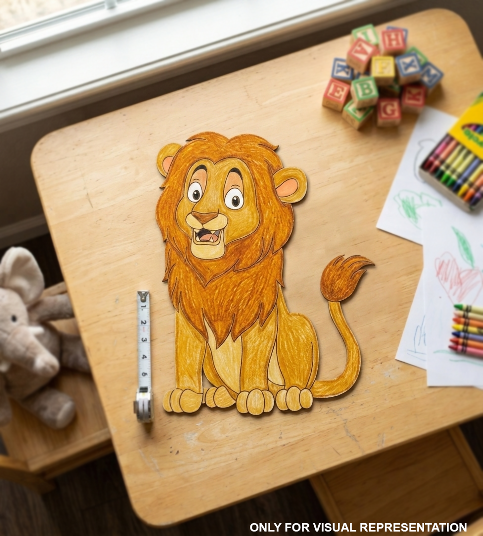 MDF DIY  Cartoon lion cutout on a child's desk with coloring supplies and alphabet blocks.
