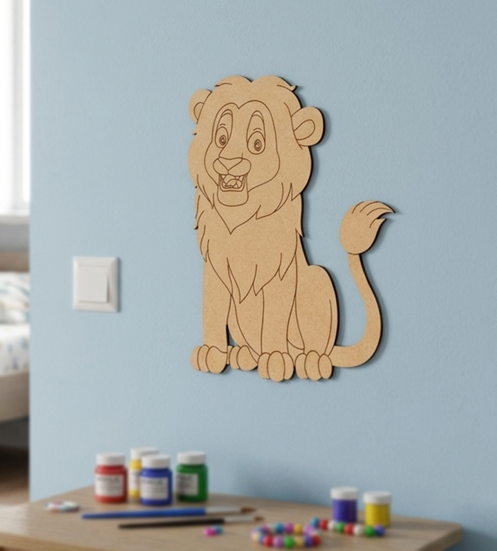 MDF DIY  Cartoon lion cutout on a blue wall with art supplies on a table below.