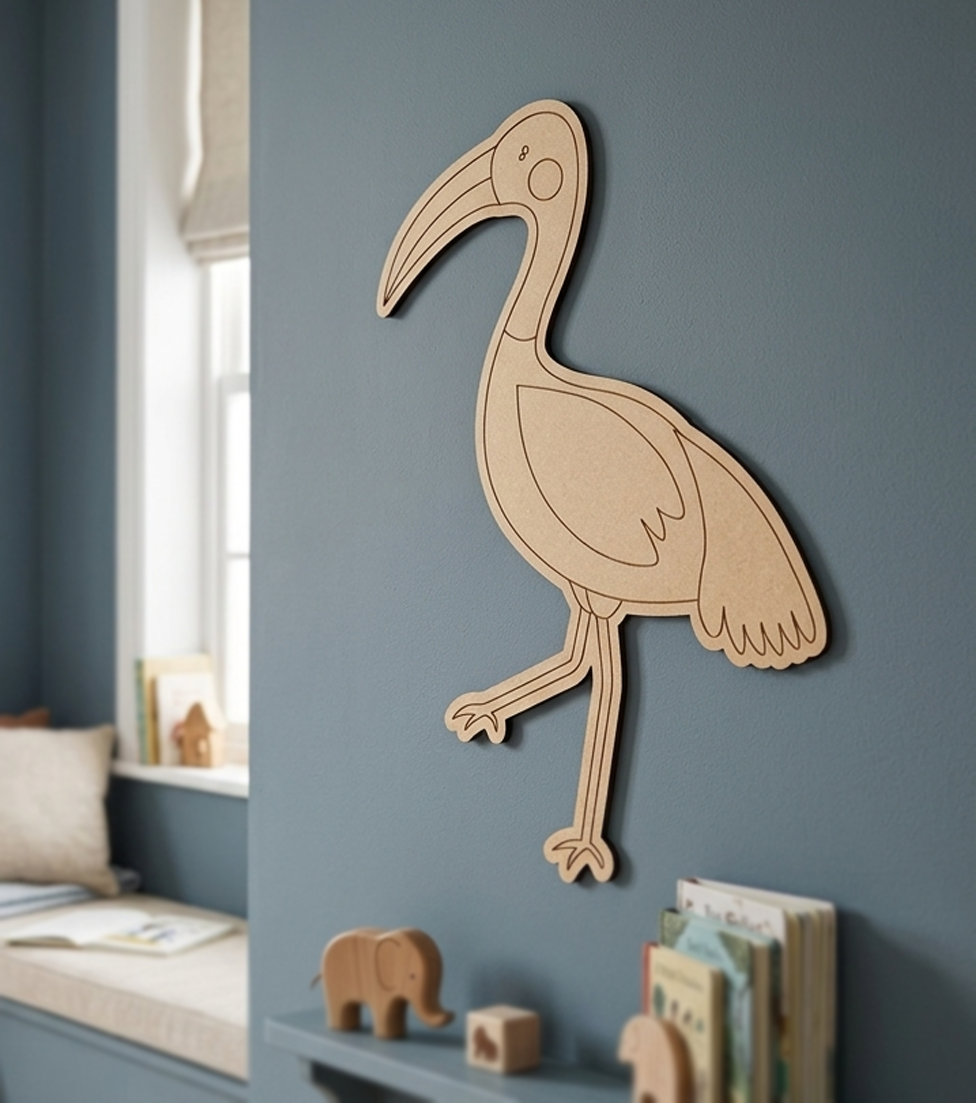 MDF DIY  bird wall decoration on a blue wall with children's items below.