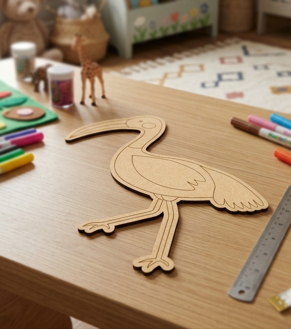MDF DIY  bird-shaped puzzle on a table with art supplies in a child's room.