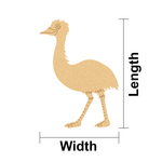 MDF DIY Ostrich cutout with measurements labeled for length and width on a white background