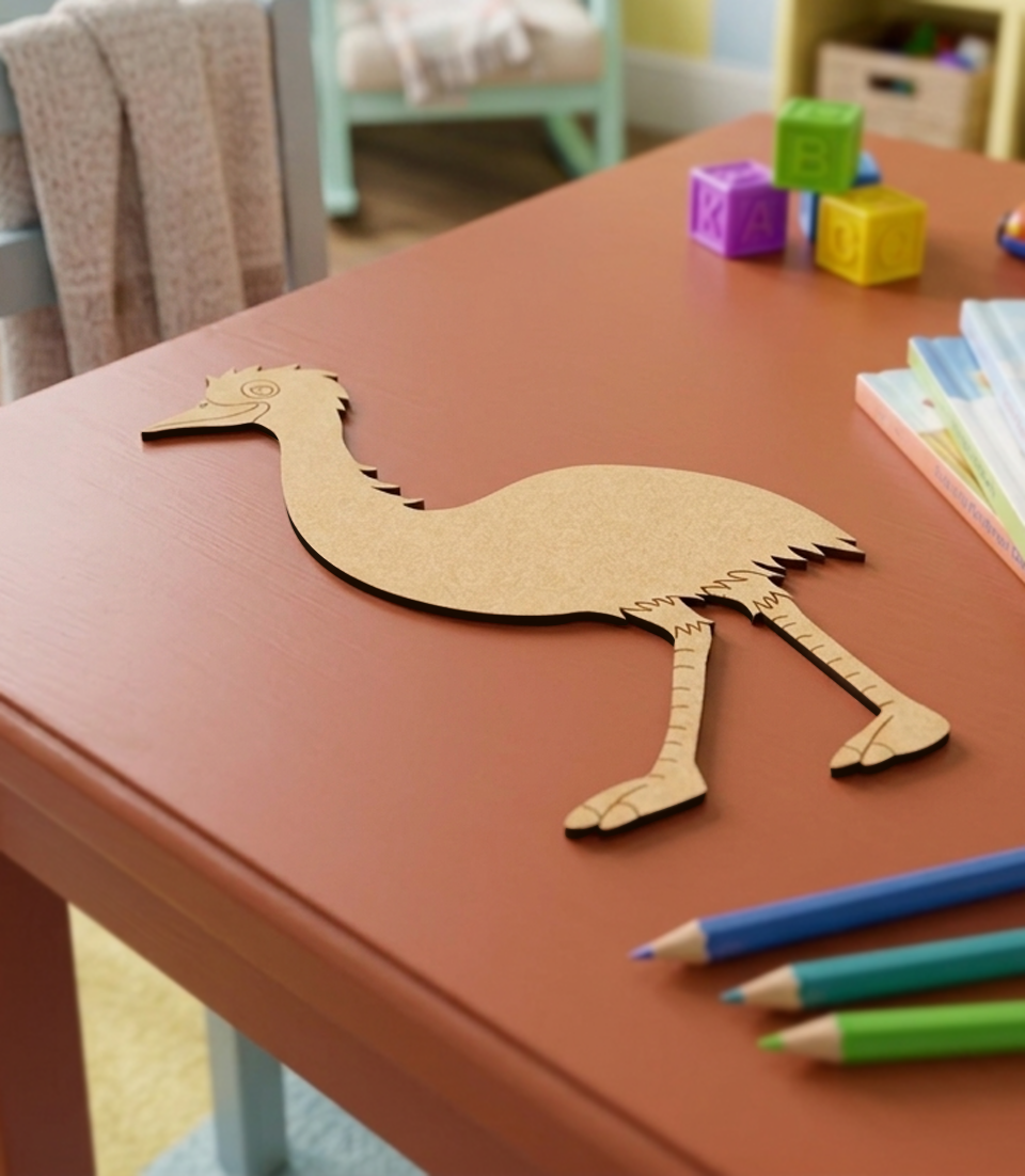 MDF DIY ostrich model on a table with colorful pencils and toys in the background