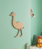 MDF DIY ostrich wall decoration on a light green wall with a lion plush toy in the corner.