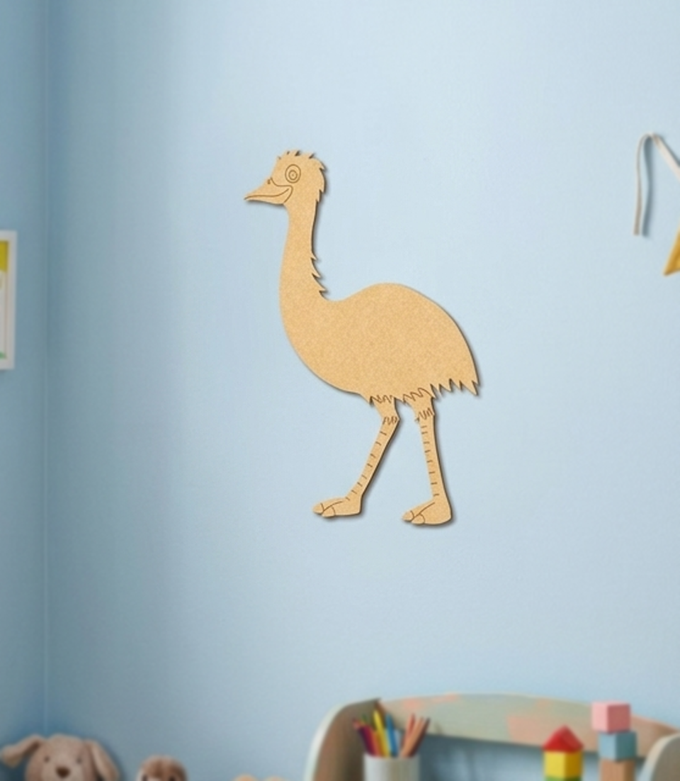 MDF DIY  cutout of an ostrich on a light blue wall with children's toys at the bottom.
