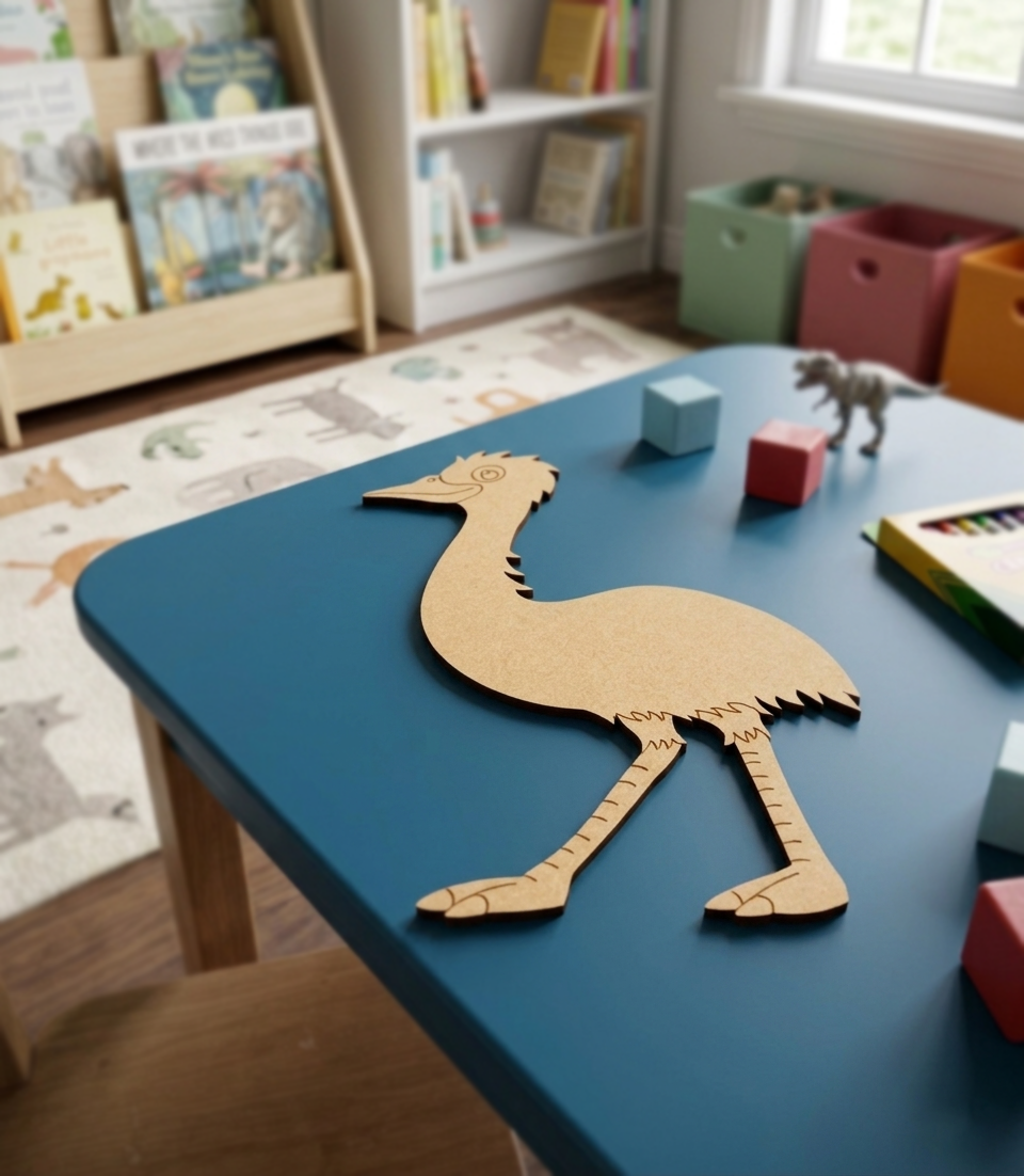 MDF DIY  bird-shaped puzzle on a blue table in a child's playroom with books and toys in the background.