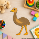 MDF DIY  cutout of an ostrich on a table with toys and stationery
