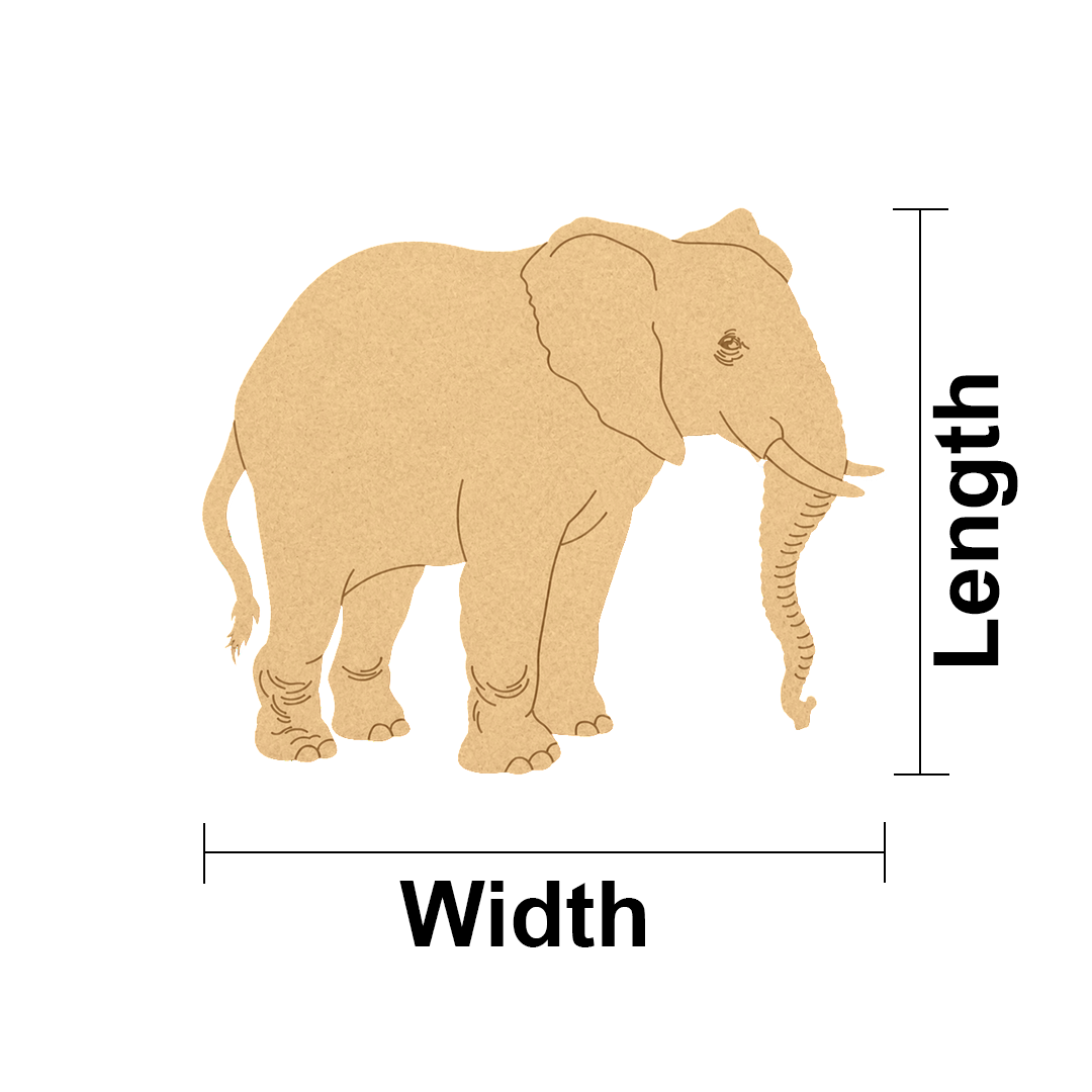 MDF DIY  elephant cutout with labeled dimensions on a white background