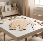Children's playroom with a MDF DIY  elephant puzzle on a table.