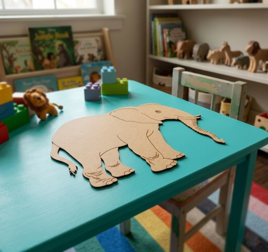 MDF DIY  elephant puzzle on a teal table with toys and books in the background