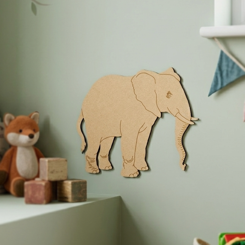 MDF DIY  elephant wall decoration on a light green wall with toys below.
