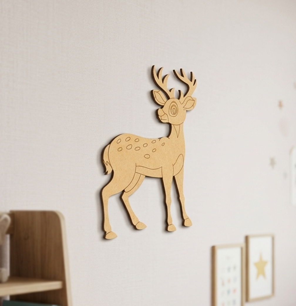 MDF DIY  deer wall decoration on a light gray wall.